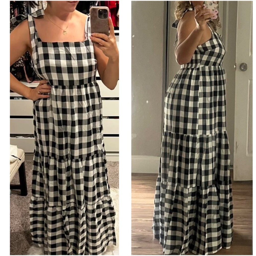 Boho Black White Plaid Gingham Ruffle Maxi Dress - Picture 2 of 6